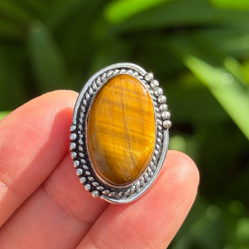 Size 6.5 925 silver plated flashy tiger eye‎ ring 0944